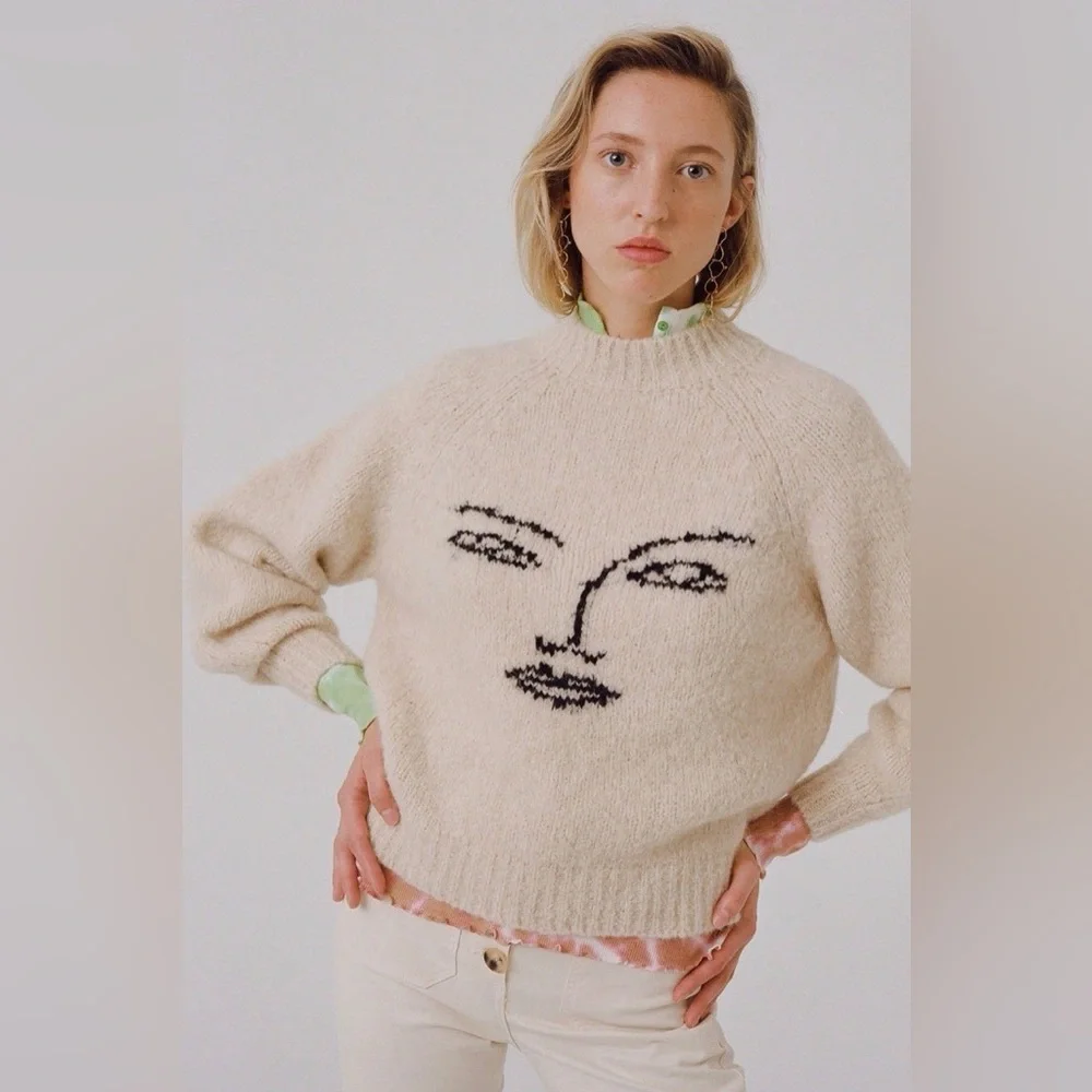 Paloma Wool Piero Face Intarsia Wool Alpaca Blend Knitted Boxy Sweater In Ecru - Picture 15 of 16